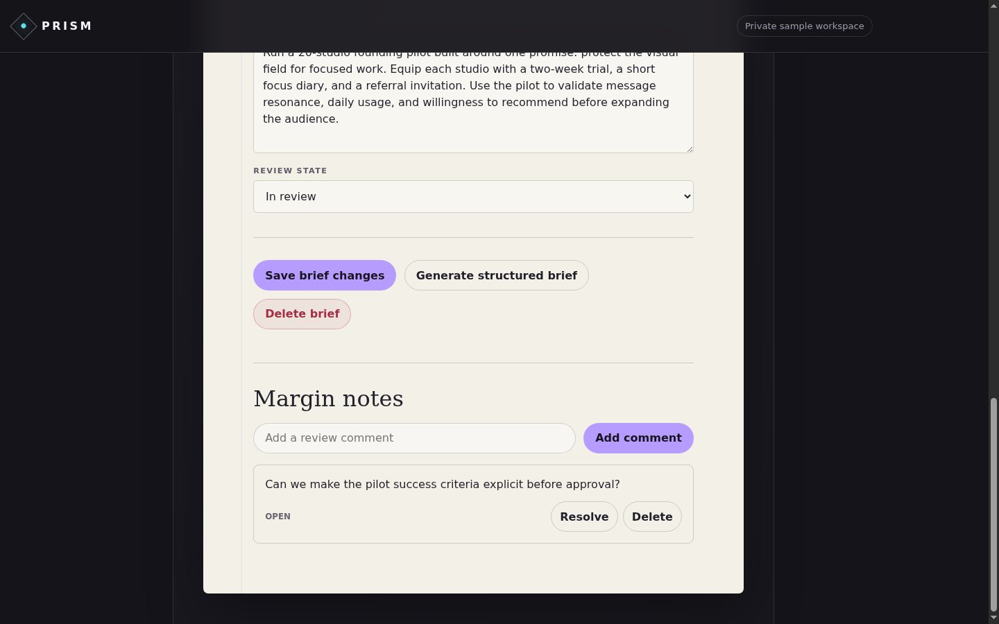 Screenshot of Turn feedback into a stronger brief in AI brief builder